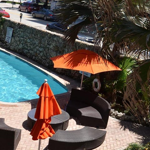 A pool area features orange lounge chairs, umbrellas, and a stone wall with palm trees in the background.