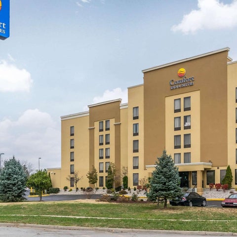 A Comfort Inn & Suites building with a tan facade, multiple windows, and landscaping featuring evergreen trees and shrubs.