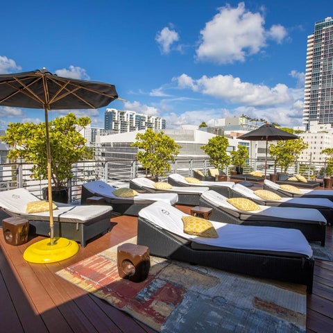 A rooftop terrace features lounge chairs, umbrellas, greenery, and a view of a city skyline under a partly cloudy sky.