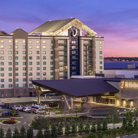 A large hotel building with a distinctive roof and American flag stands near a waterfront with a parking lot and landscaping.