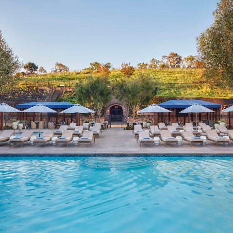 A large, rectangular pool with lounge chairs and umbrellas is situated in front of a modern building with a vineyard backdrop.