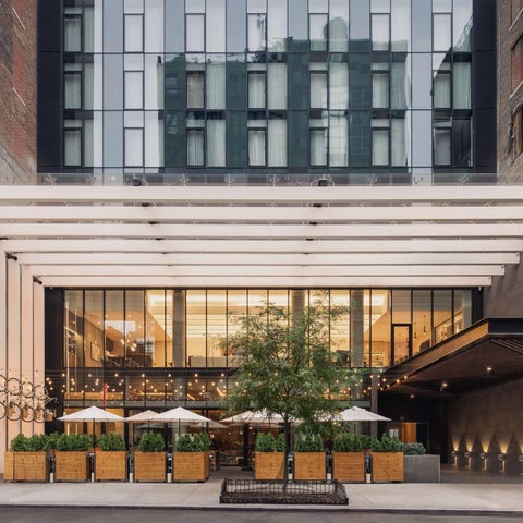 The modern facade of the Motto Hotel features a cantilevered canopy, planters with trees, and a sleek glass entrance.