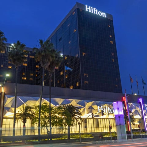 A large Hilton hotel building is illuminated at night, featuring palm trees and colorful lighting along its entrance.