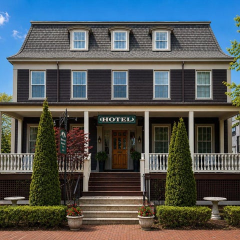 A three-story hotel with a covered porch, manicured landscaping, and a brick walkway leading to the entrance.