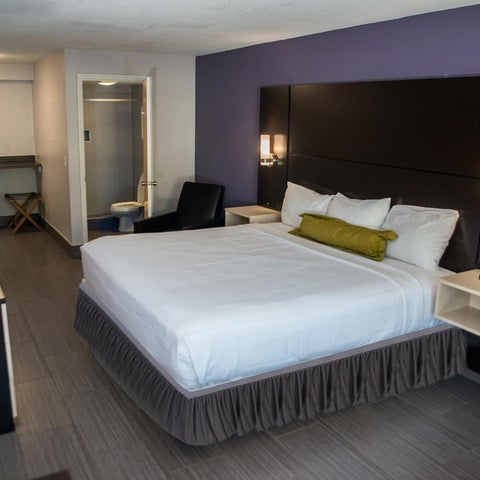 A hotel room features a king-size bed with a dark headboard, bedside lamps, and a desk with a chair and mini-refrigerator.
