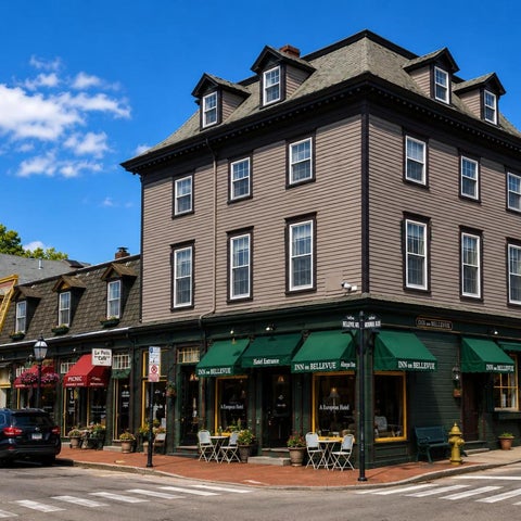 A multi-story building with shops and cafes occupies a corner lot on a street with cars and pedestrians.