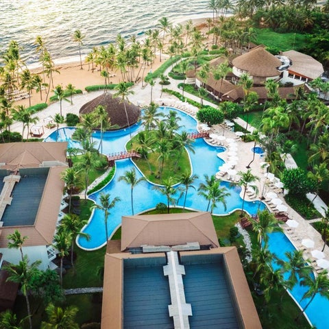 An aerial view showcases a resort with a winding blue pool, thatched-roof bungalows, palm trees, and a sandy beach.