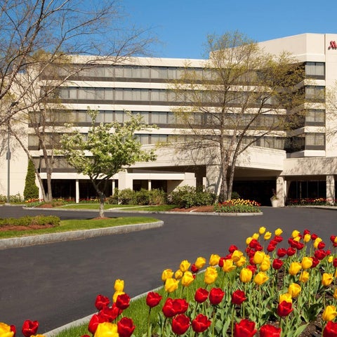 A Marriott hotel building with a large parking lot, flowerbeds, and trees in the foreground.